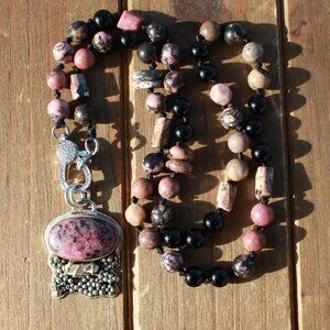 Exotic Artisan Rhodonite Necklace with Pendant by Knottedup -21 Inches